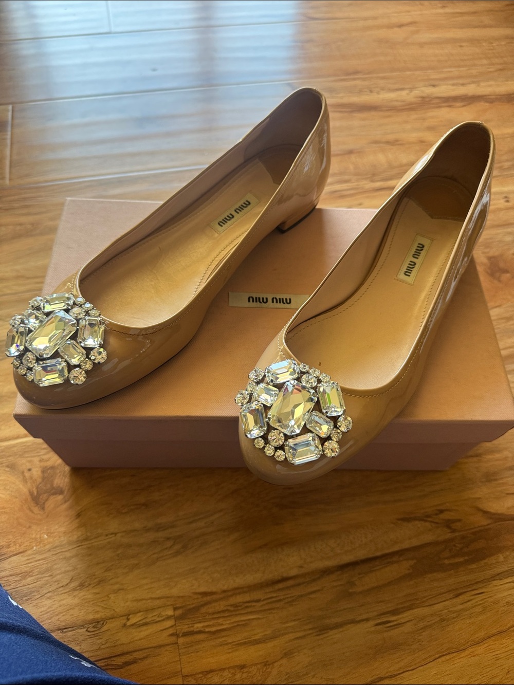 Miu Miu Patent Leather Nude-Beige Jeweled Ballet Flats